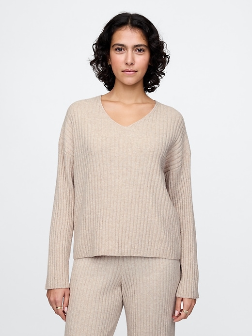 Image number 1 showing, CashSoft Wide Rib V-Neck Sweater