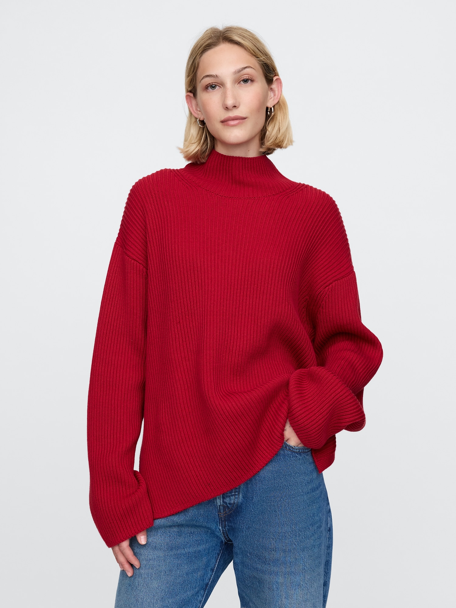 Oversized Split-Hem Mockneck Sweater