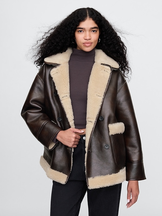 Image number 1 showing, Reversible Recycled Vegan Leather Sherpa Jacket