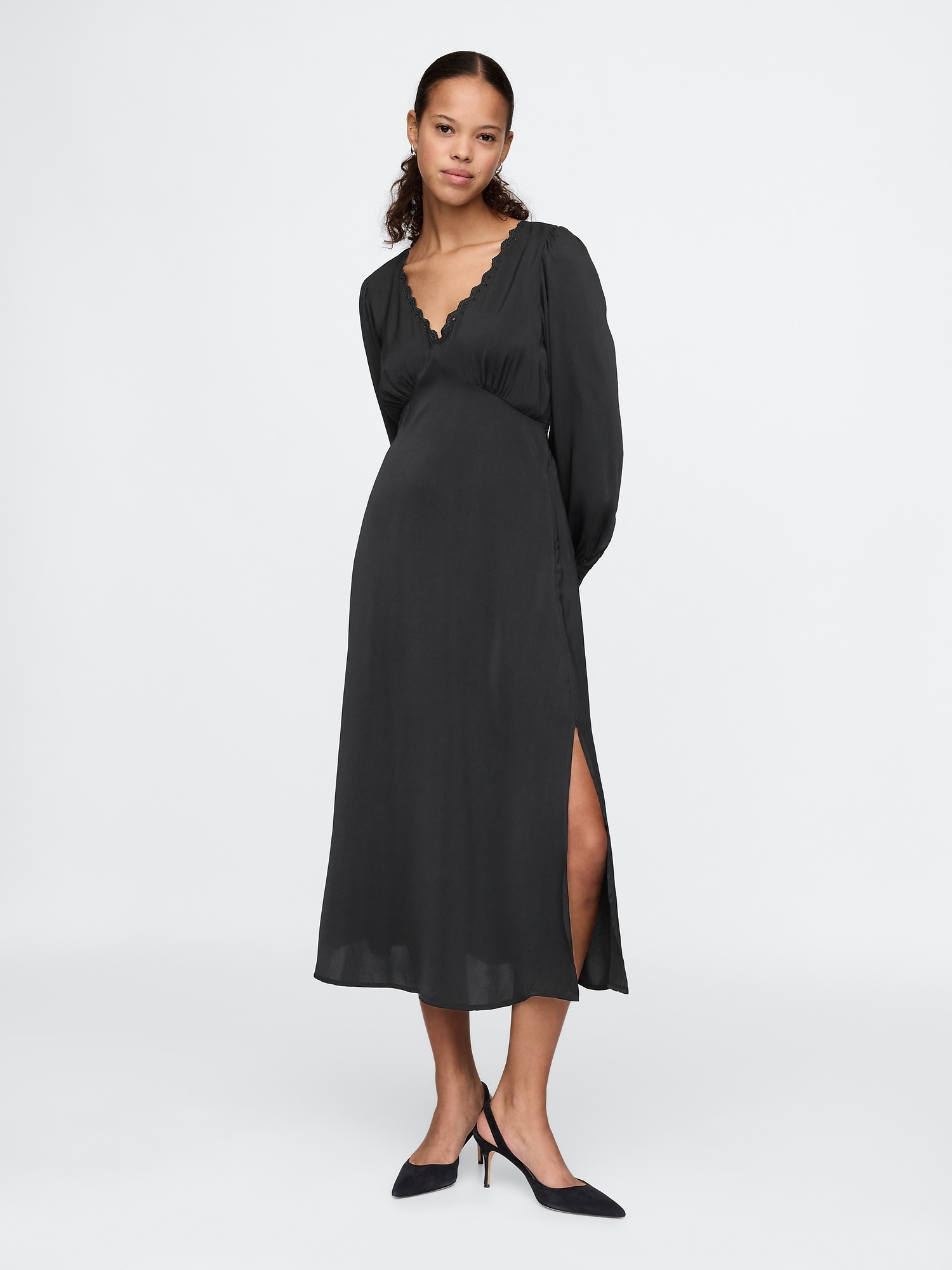 Satin Empire Midi Dress - Black