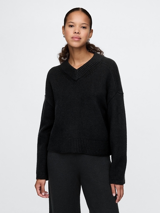 Image number 1 showing, CashSoft Cropped High V-Neck Sweater