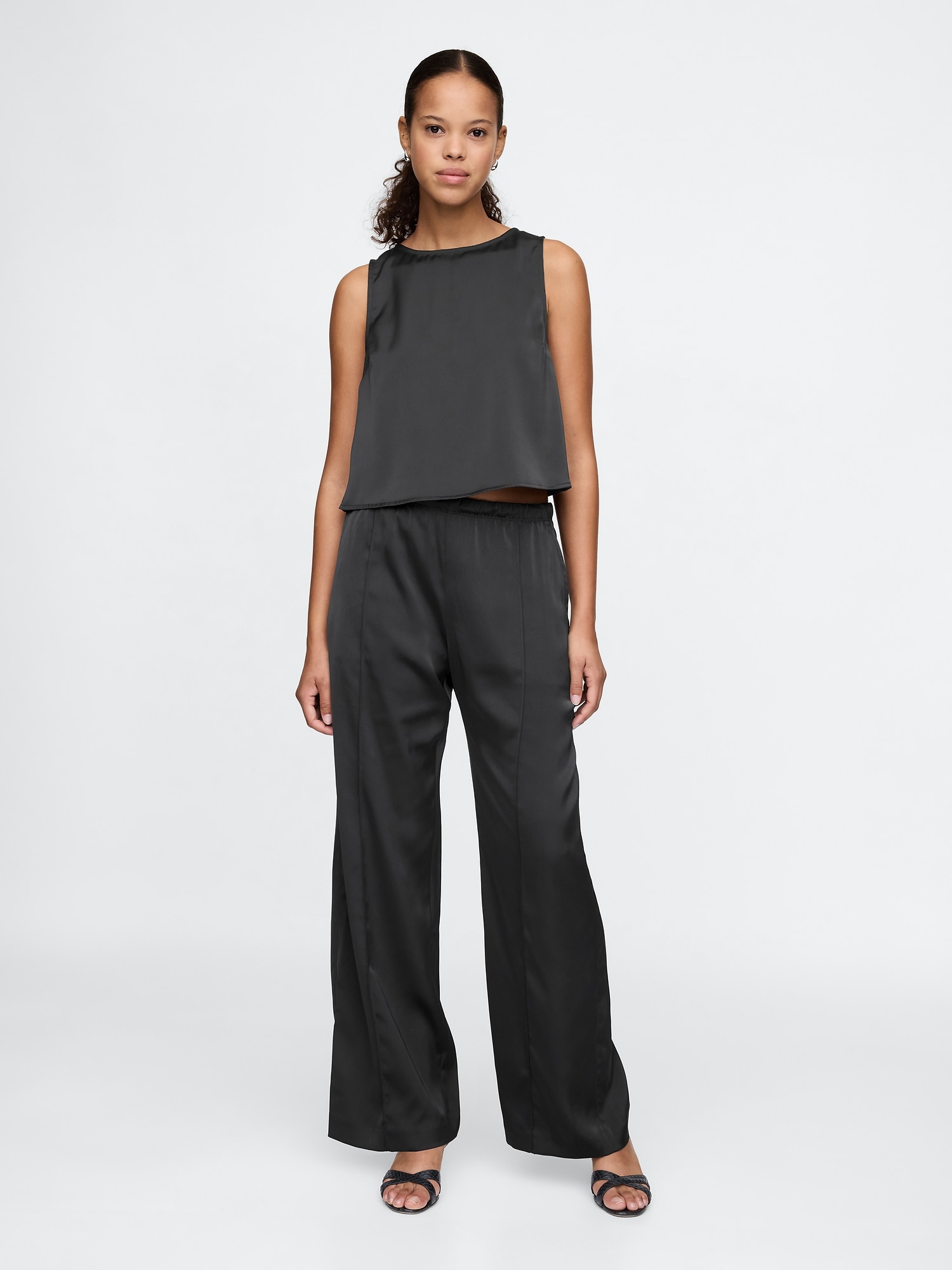 Mid Rise Recycled Satin Seamed Pants - Black