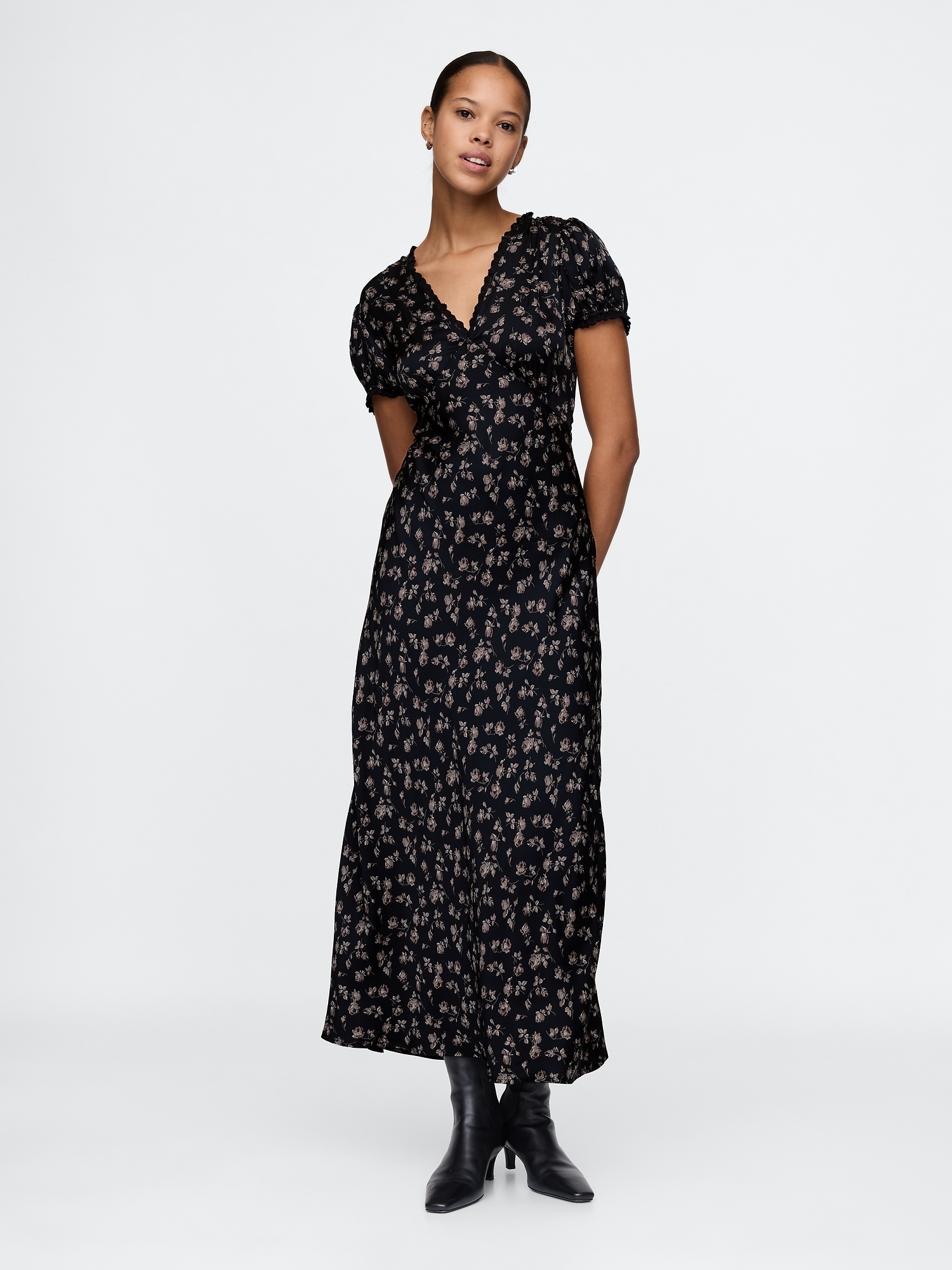 Gap Satin Lace-trim Floral Maxi Dress In Black And Grey Floral