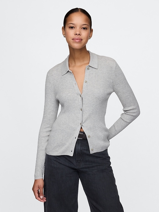 Image number 1 showing, CashSoft Rib Polo Cardigan