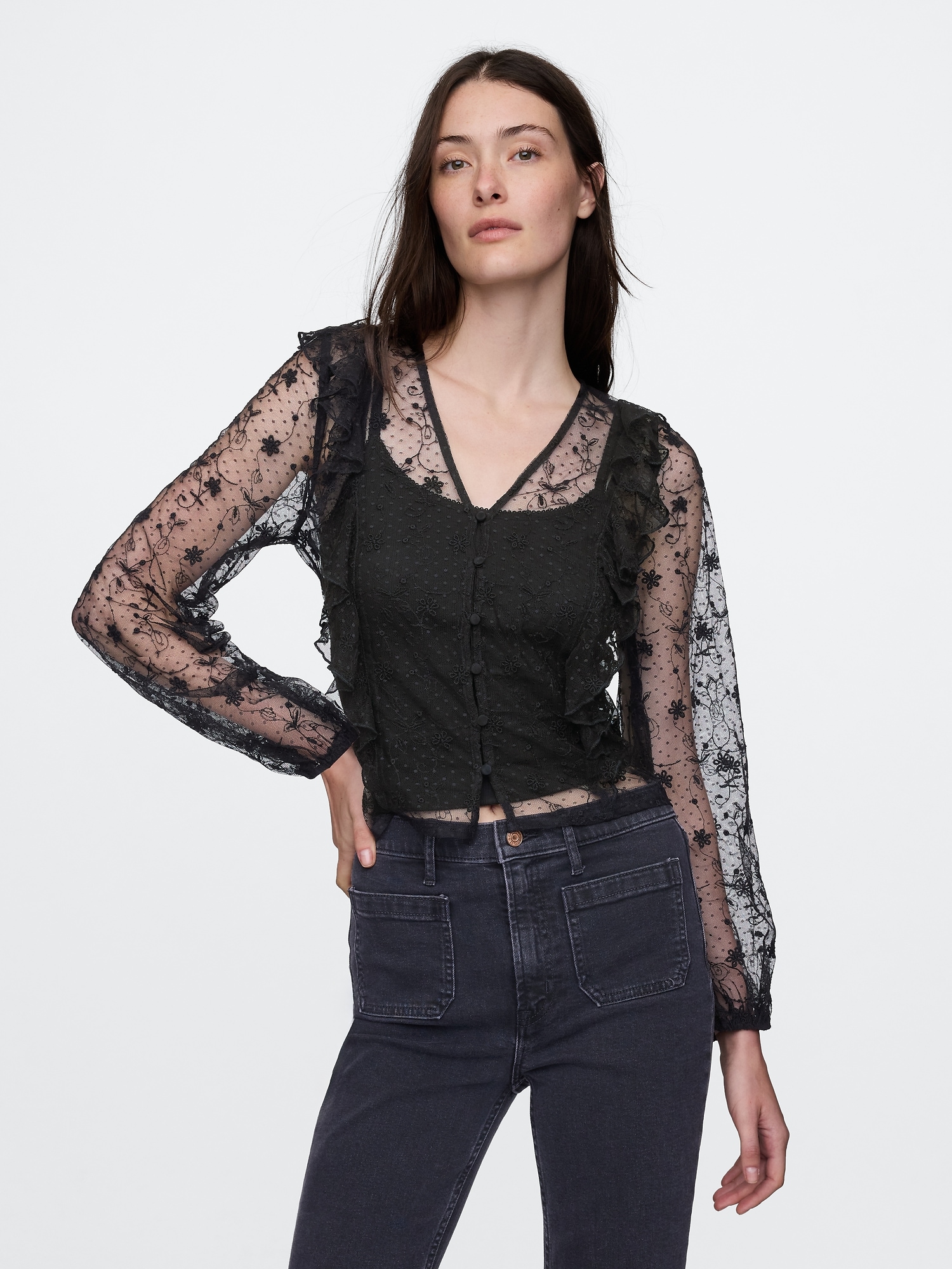 Recycled Lace Ruffle Top - Black