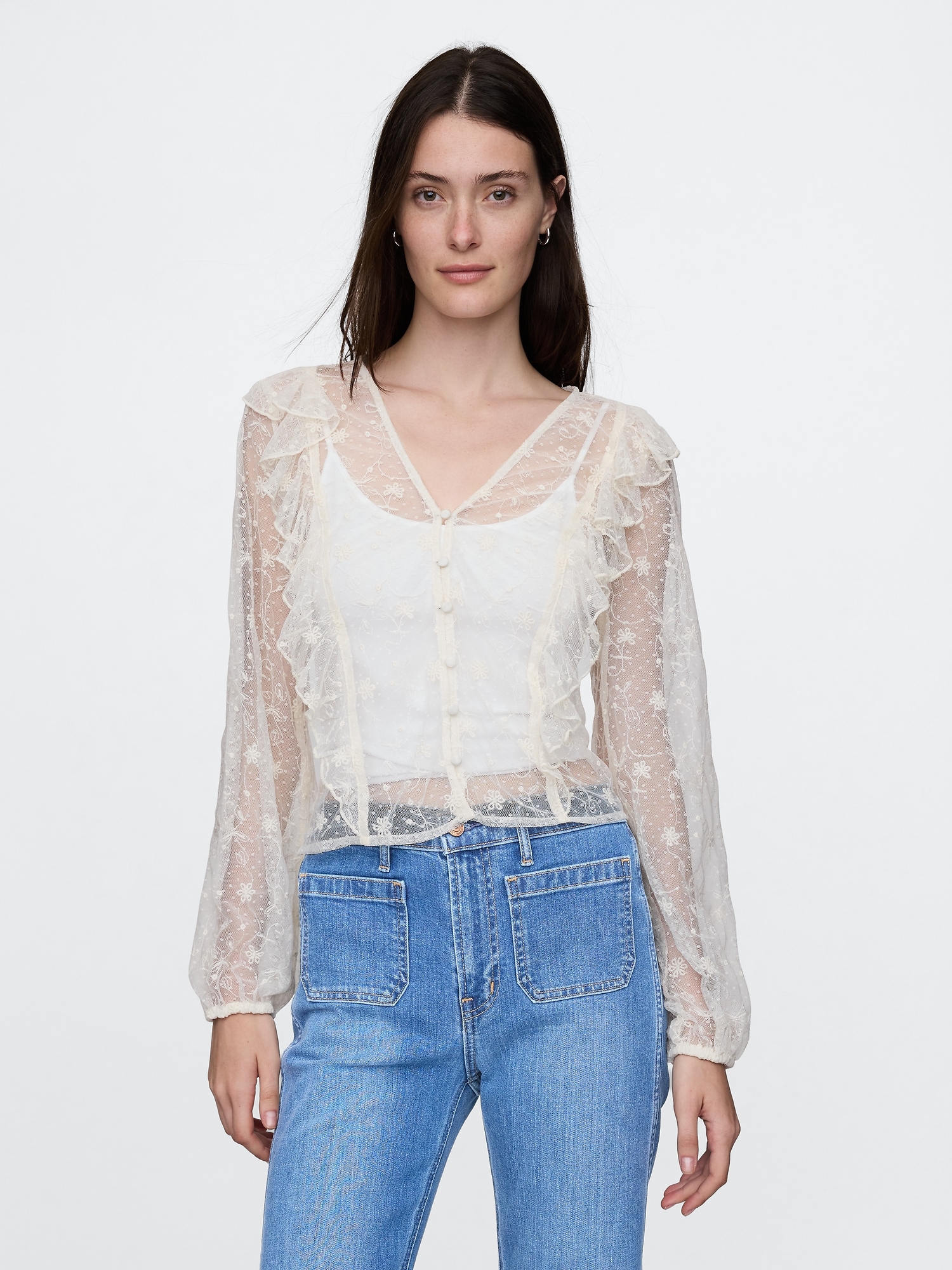 Recycled Lace Ruffle Top - Beige