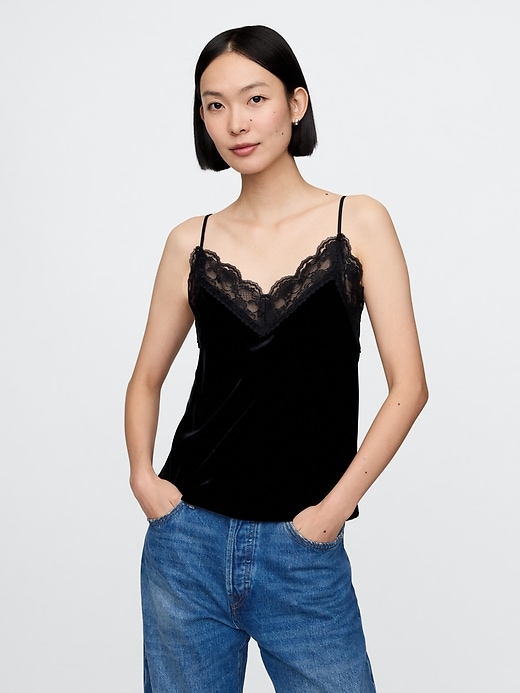 Image number 1 showing, Recycled Velvet Lace-Trim Cami