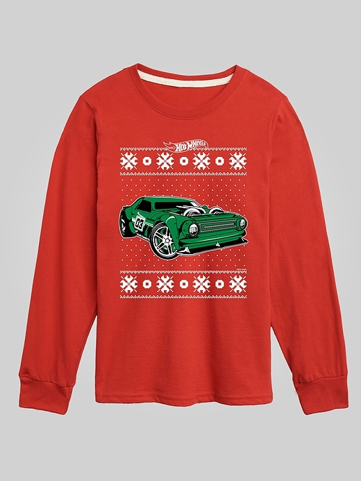 Image number 1 showing, Toddler Hot Wheels Holiday Sweater Pattern Long Sleeve Graphic Tee