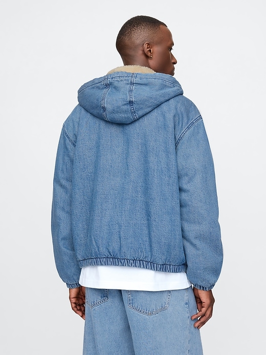 Image number 2 showing, Oversized Sherpa-Lined Denim Zip Hoodie