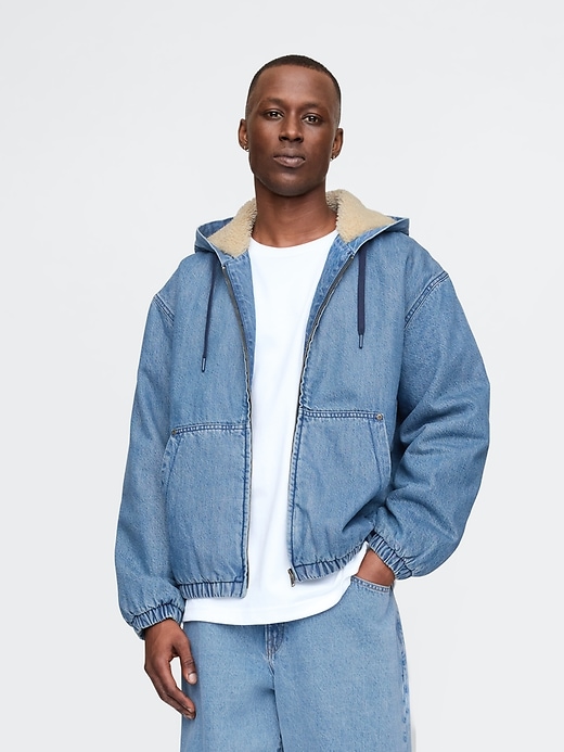 Image number 1 showing, Oversized Sherpa-Lined Denim Zip Hoodie