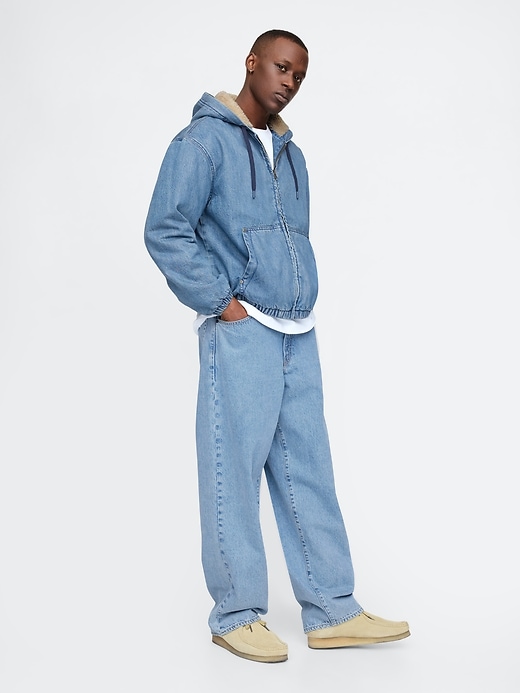 Image number 3 showing, Oversized Sherpa-Lined Denim Zip Hoodie