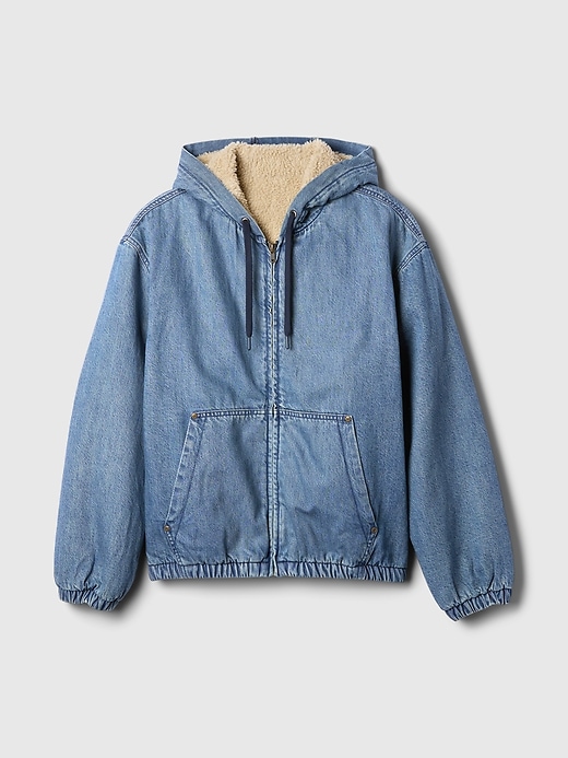 Image number 5 showing, Oversized Sherpa-Lined Denim Zip Hoodie