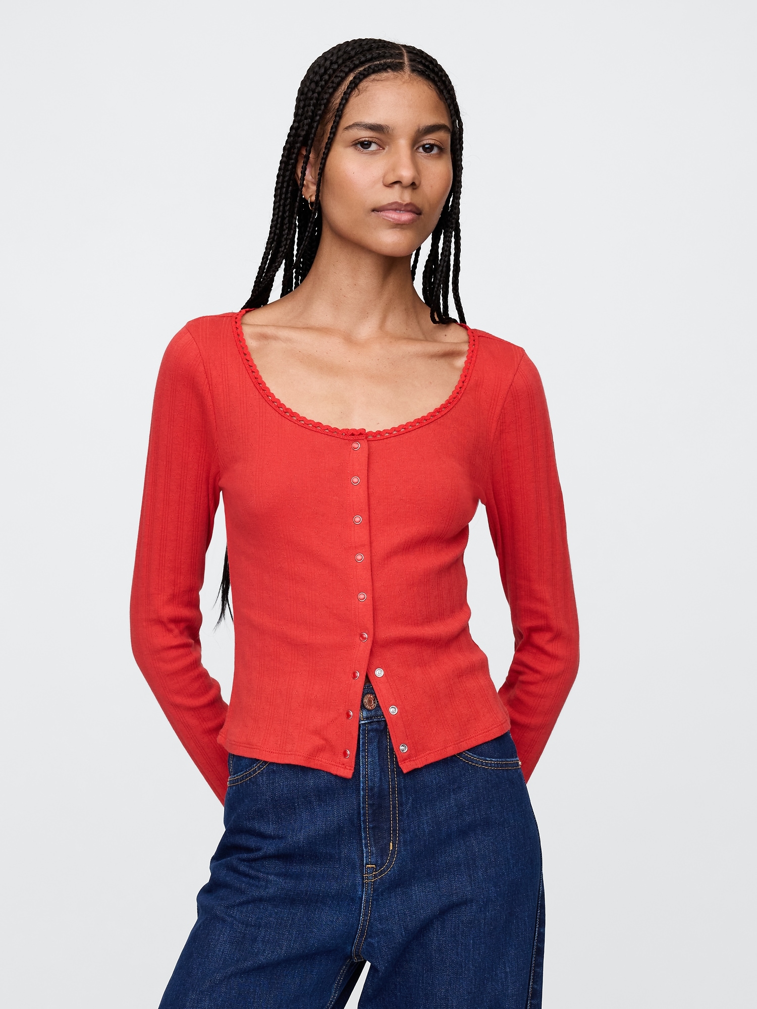 Cropped Pointelle Cardigan - Red