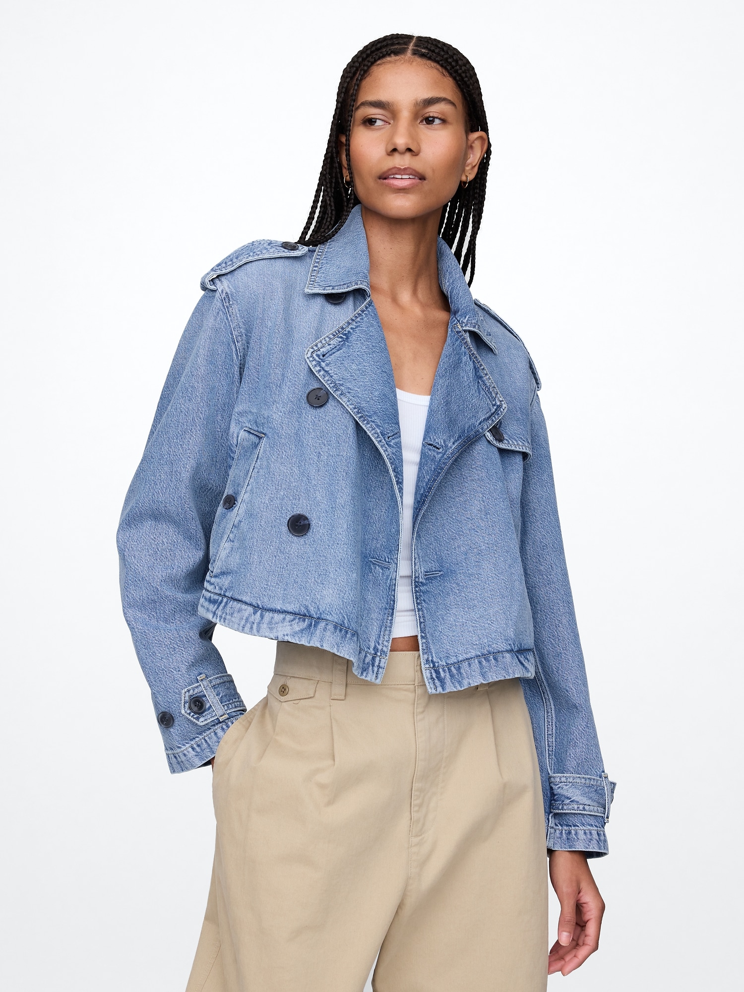 UltraSoft Cropped Denim Trench Jacket