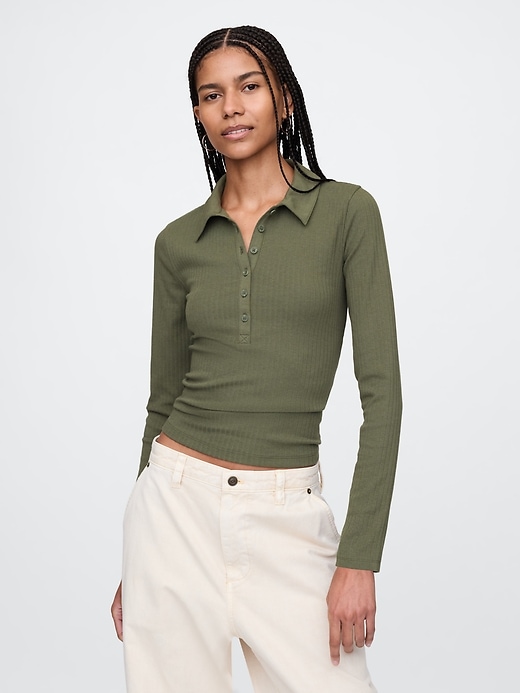 Image number 1 showing, Modern Wide Rib Cropped Polo Shirt