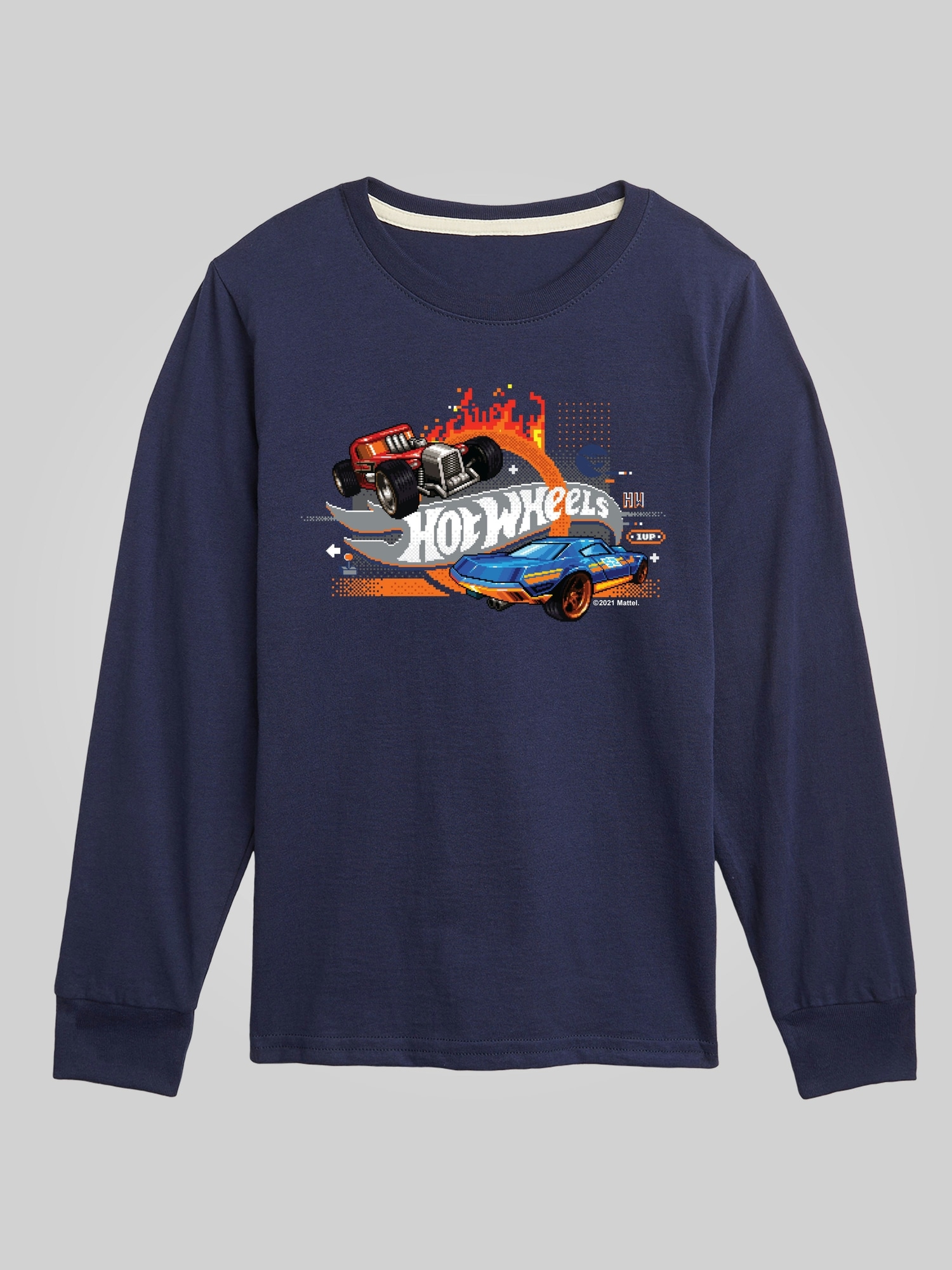 Kids Hot Wheels 8 Bit Pixelated Game Cars Long Sleeve Graphic Tee - Blue