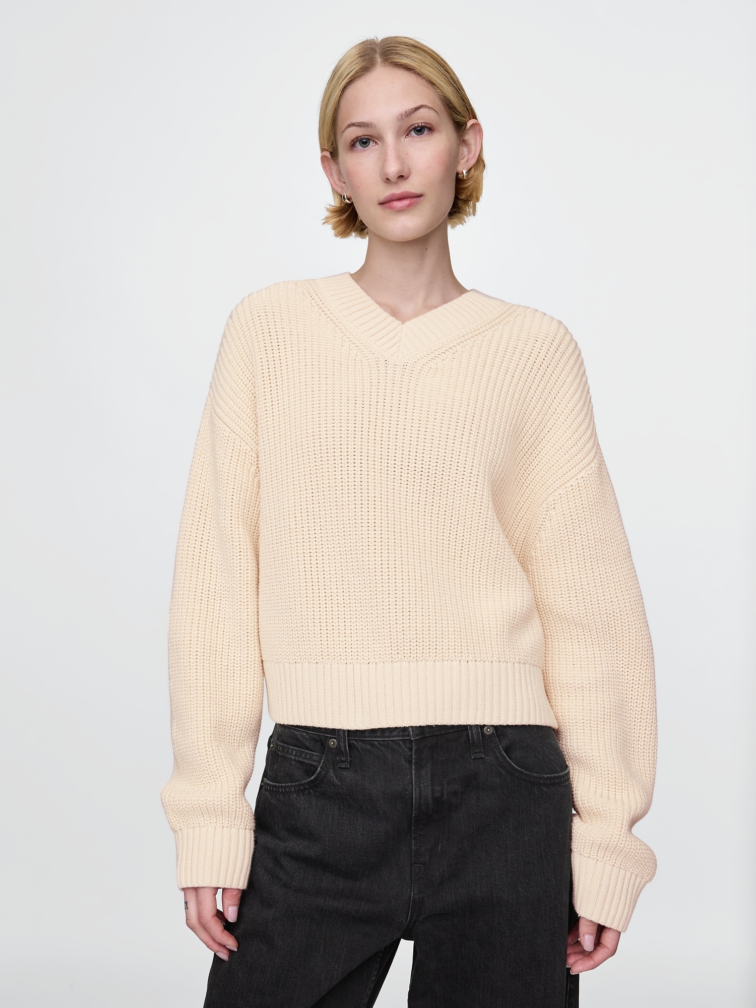 100% Cotton Shaker-Stitch V-Neck Sweater