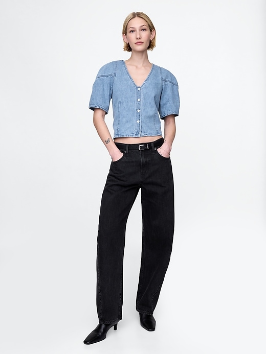 Image number 3 showing, Cropped Puff-Sleeve Denim Shirt