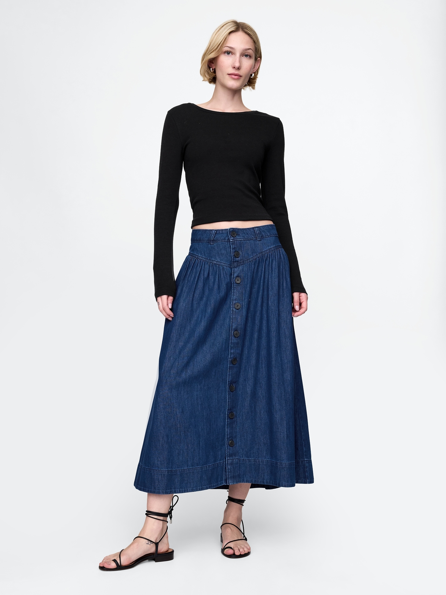 Denim Western Yoke Midi Skirt