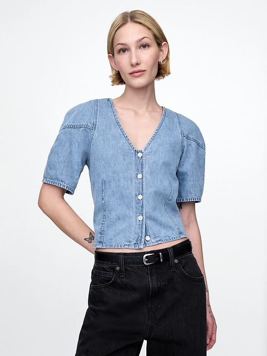 Image number 1 showing, Cropped Puff-Sleeve Denim Shirt