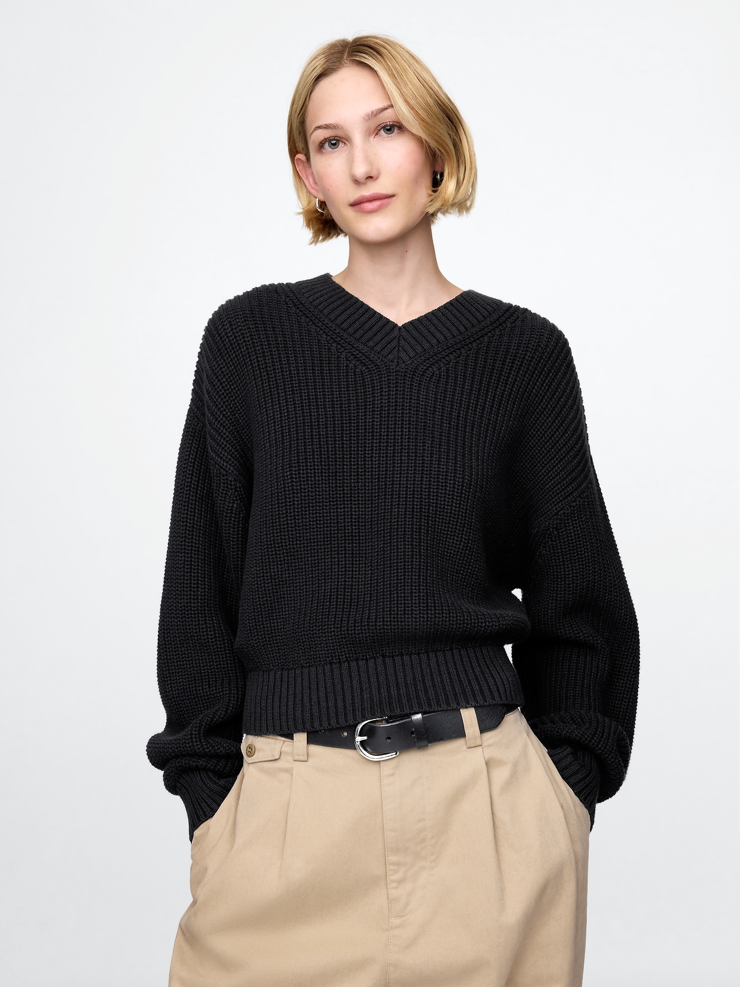 100% Cotton Shaker-Stitch V-Neck Sweater