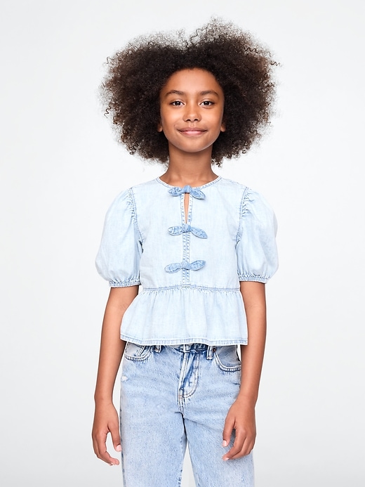 Image number 1 showing, Kids Puff-Sleeve Denim Peplum Shirt