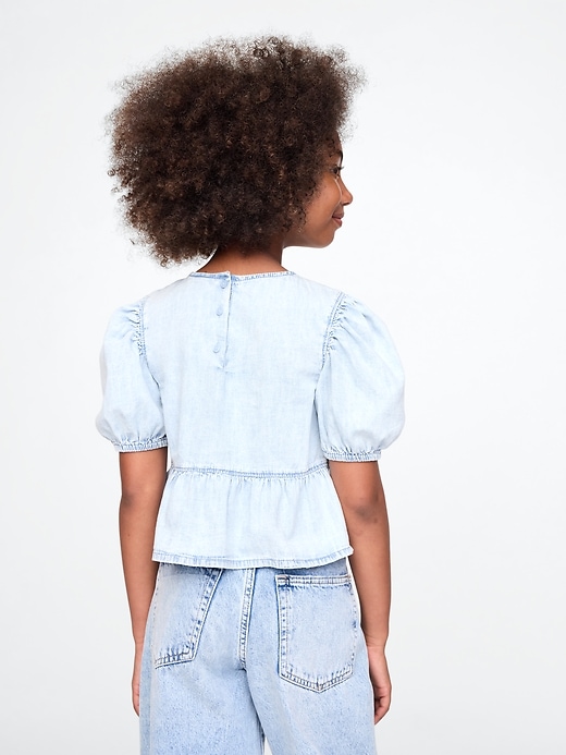 Image number 3 showing, Kids Puff-Sleeve Denim Peplum Shirt