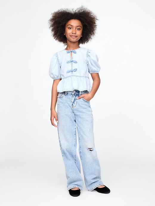 Image number 4 showing, Kids Puff-Sleeve Denim Peplum Shirt