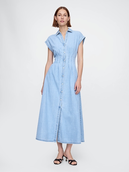 Image number 1 showing, Denim Pleated Maxi Shirtdress