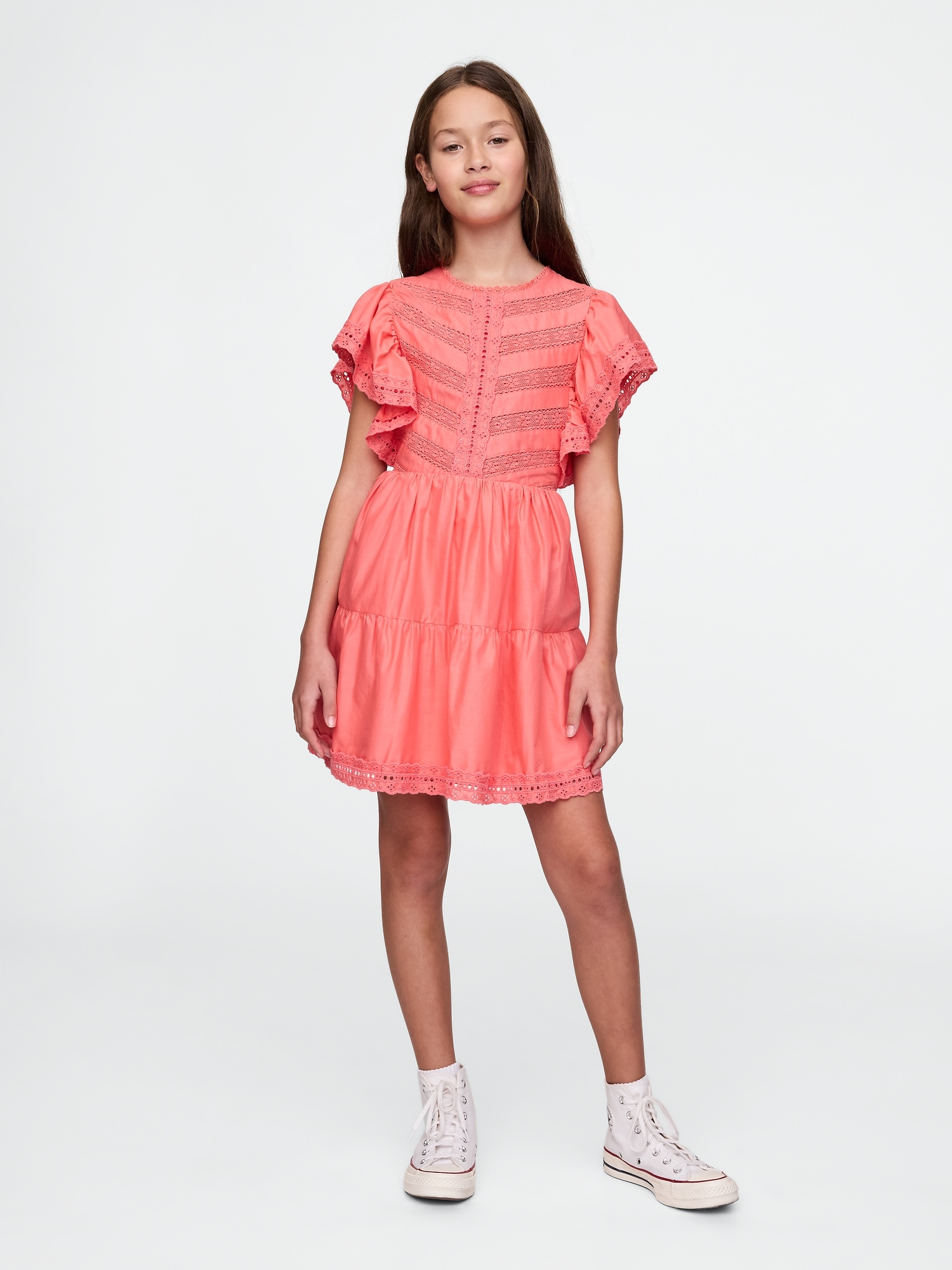 Kids Lace Tiered Ruffle Dress - Orange