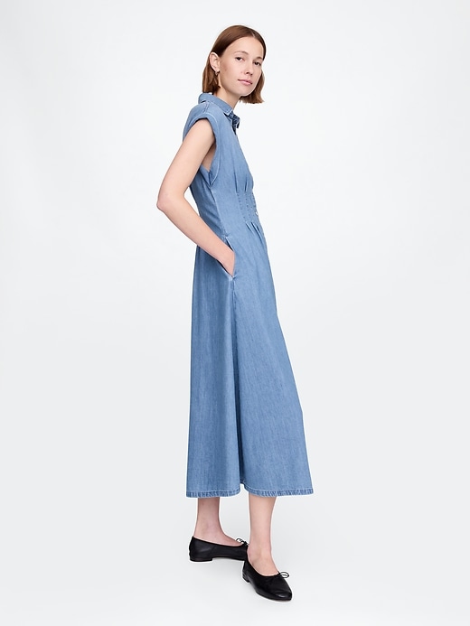 Image number 3 showing, Denim Pleated Maxi Shirtdress