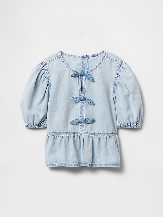 Image number 2 showing, Kids Puff-Sleeve Denim Peplum Shirt