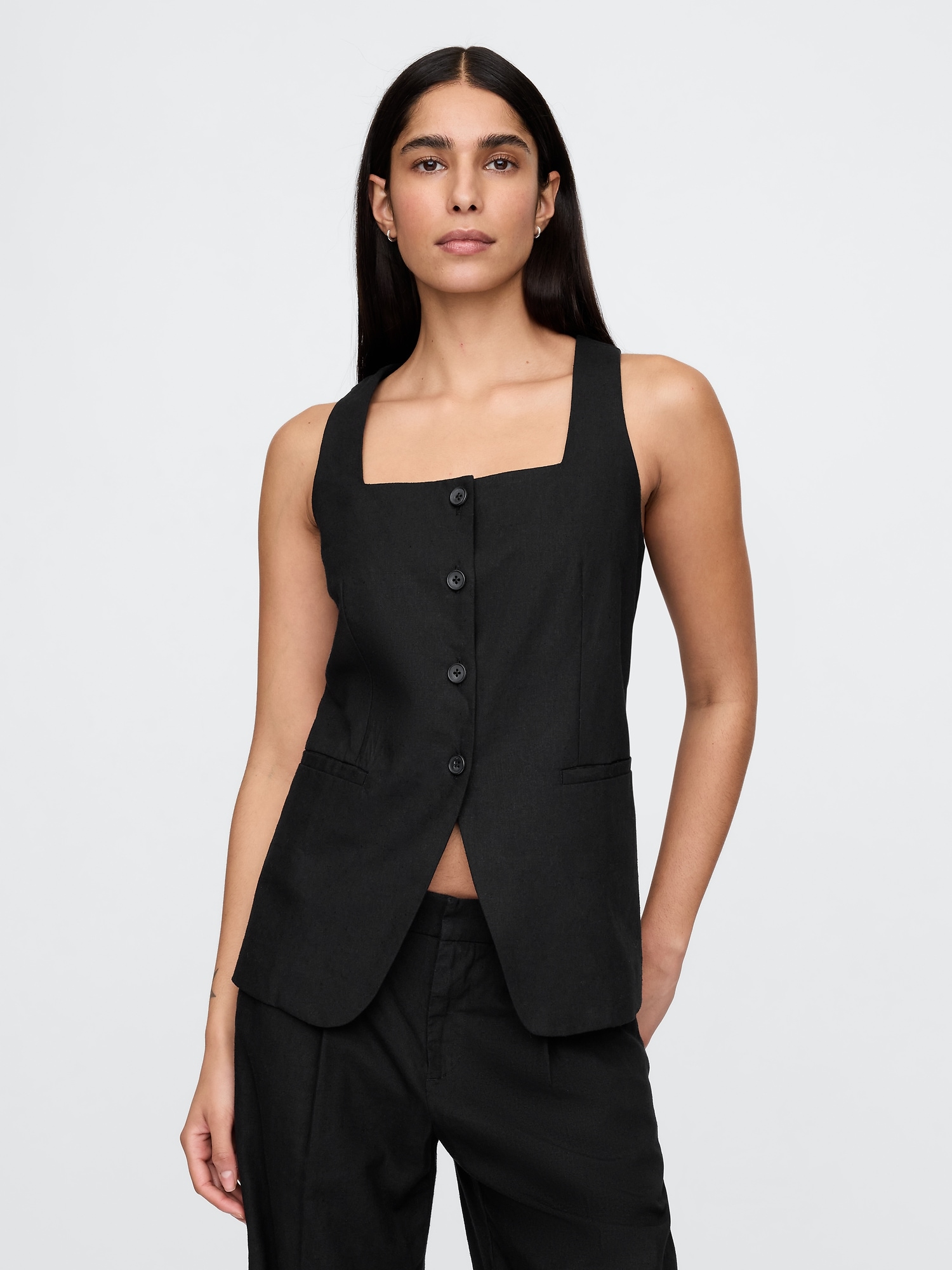 Linen-Blend Square-Neck Longline Vest