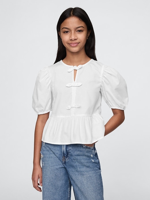 Image number 1 showing, Kids Puff-Sleeve Peplum Bow Top