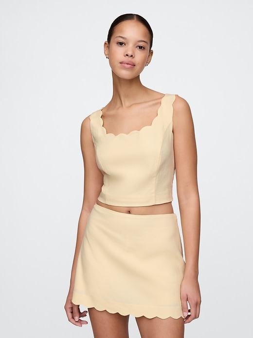 Image number 1 showing, Linen-Blend Scalloped Cropped Top