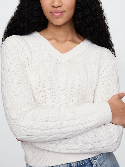 Image number 4 showing, Classic Cable-Knit V-Neck Sweater