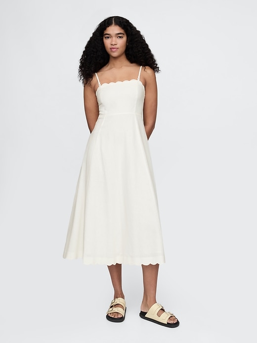 Image number 1 showing, Linen-Blend Scalloped Midi Dress