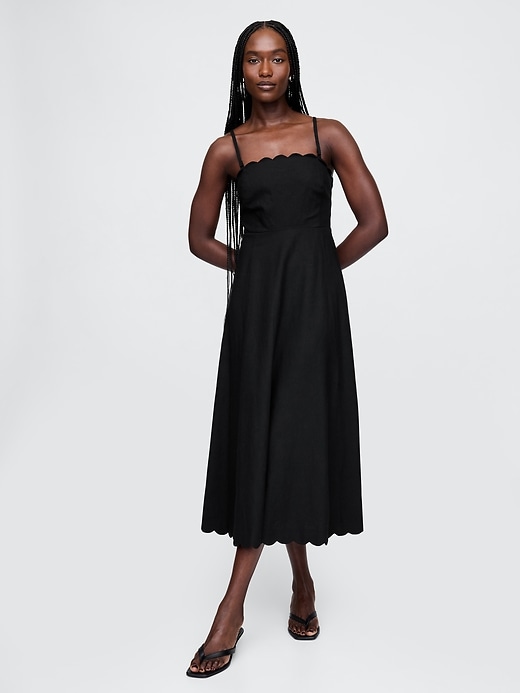 Image number 1 showing, Linen-Blend Scalloped Midi Dress