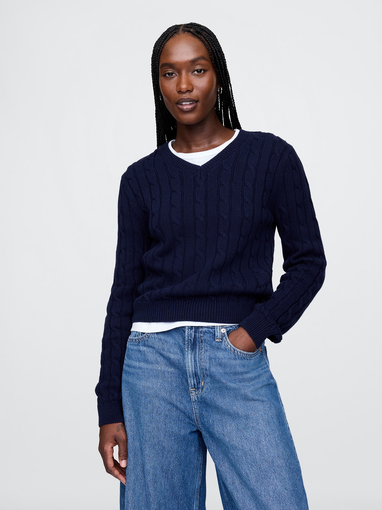 100% Cotton Cable-Knit V-Neck Sweater