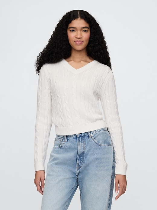 Image number 1 showing, Classic Cable-Knit V-Neck Sweater