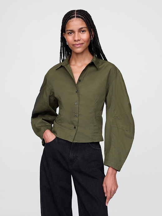 Image number 1 showing, Organic Cotton Poplin Barrel-Sleeve Cropped Shirt