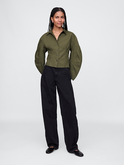 Image number 3 showing, Organic Cotton Poplin Barrel-Sleeve Cropped Shirt