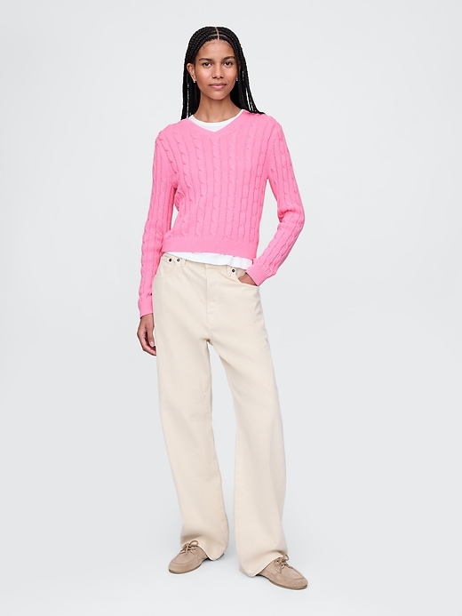 Image number 2 showing, Classic Cable-Knit V-Neck Sweater