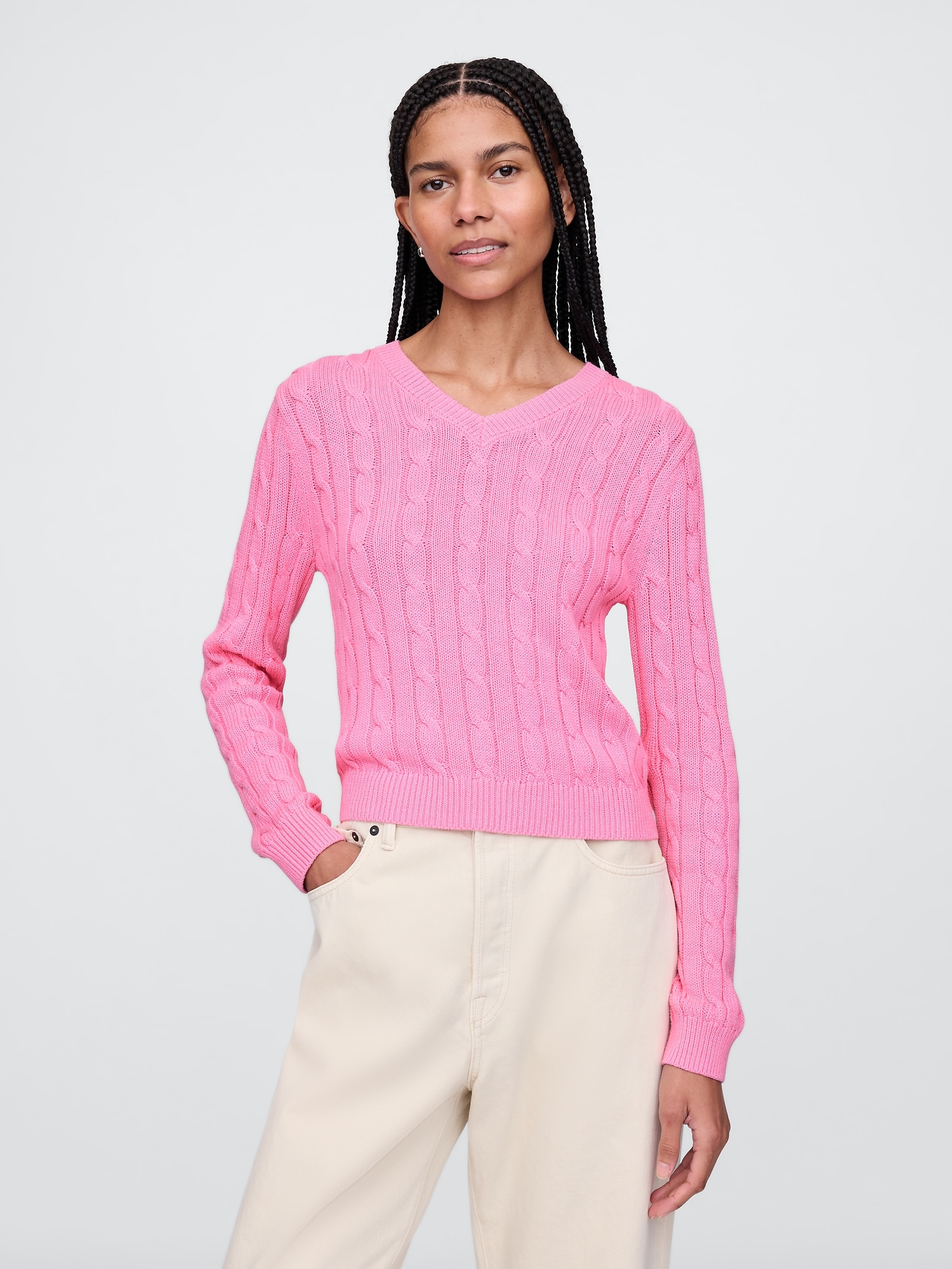 100% Cotton Cable-Knit V-Neck Sweater