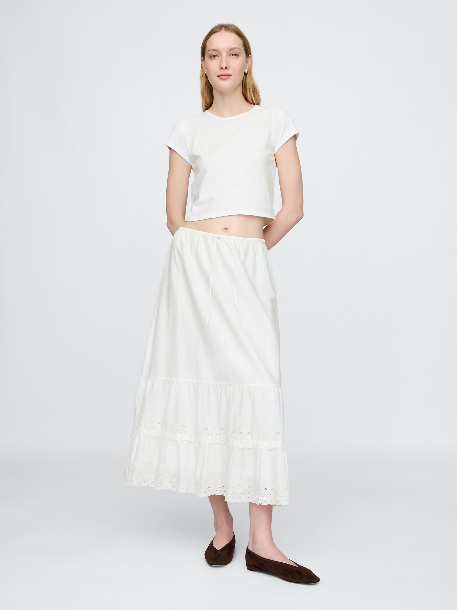 Easy Tiered Eyelet Maxi Skirt - White