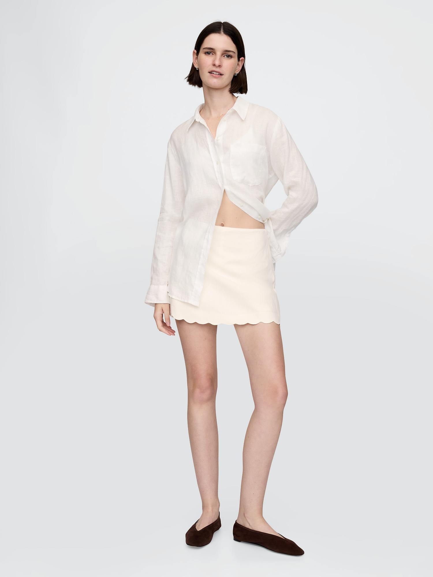 Linen-Blend Scalloped Mini Skirt