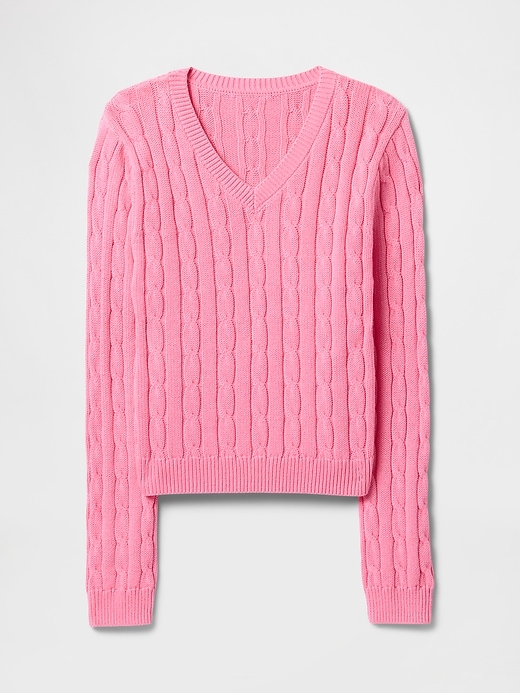 Image number 5 showing, 100% Cotton Cable-Knit V-Neck Sweater