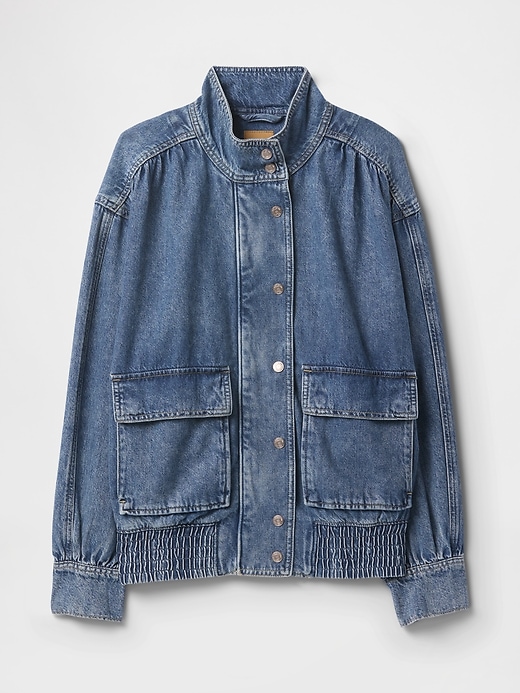 View large product image 1 of 1. UltraSoft Denim Bomber Jacket