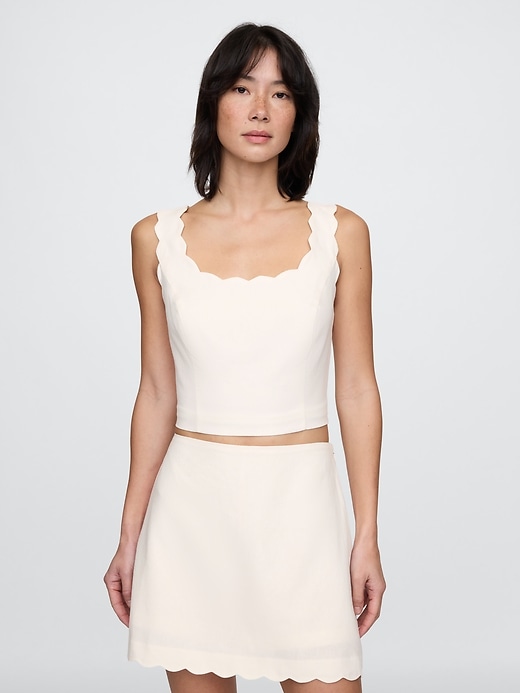 Image number 1 showing, Linen-Blend Scalloped Cropped Top