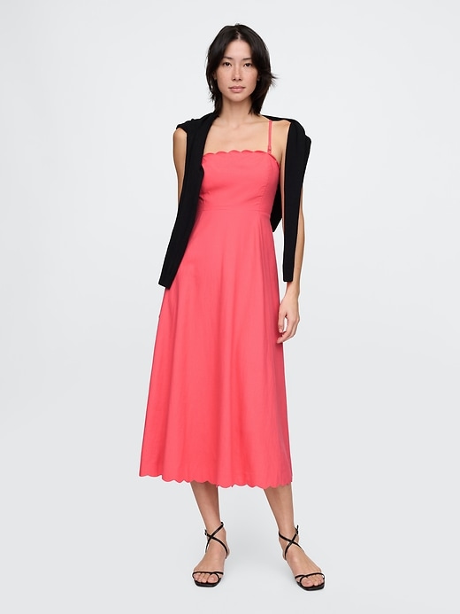 Image number 1 showing, Linen-Blend Scalloped Midi Dress